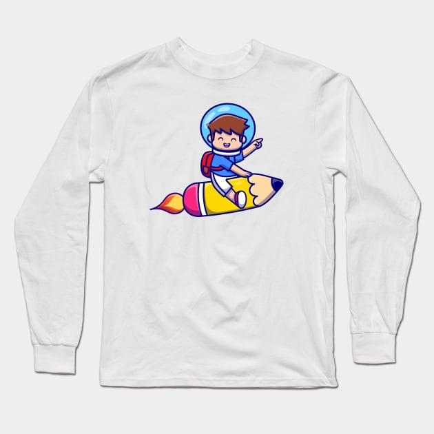 Cute Boy Flying With Pencil Rocket Long Sleeve T-Shirt by Catalyst Labs